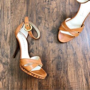 CASADEI • platform stiletto sandals heels cognac brown leather cross ankle strap